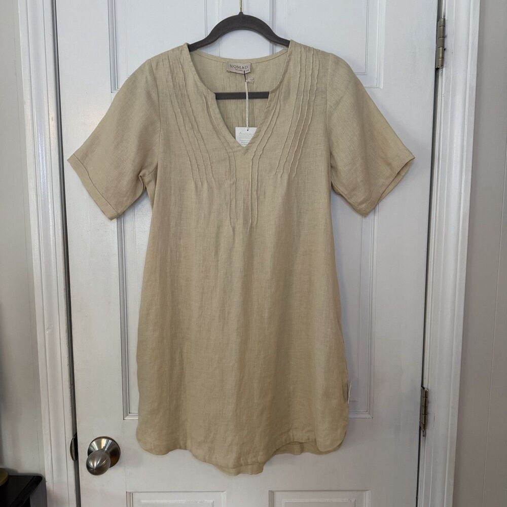 Nomad The Label 100% French Linen Dress Womens XXS Beige Pintuck Tie Back NWT